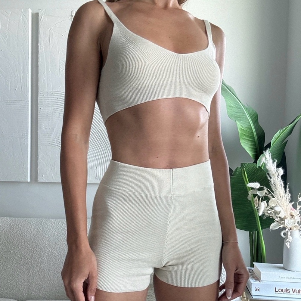 Cream Ribbed Knit Crop Top and Shorts Set